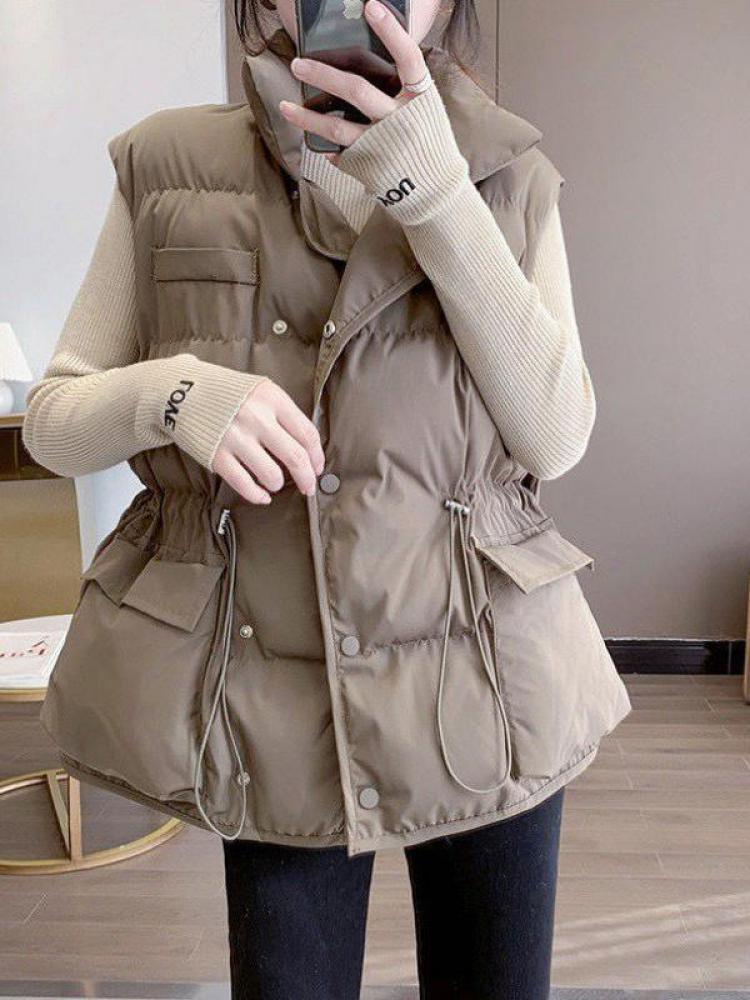 Lumumily-캐주얼 루즈핏 따뜻한 조끼 재킷 여성용, 탄성 허리, 민소매, 조끼, 아웃웨어, 겨울
